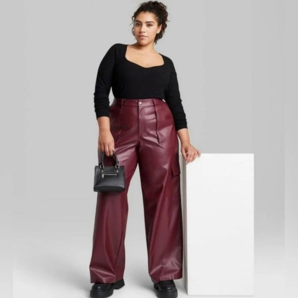 wild fable Pants - WILD FABLE Faux Leather Burgundy Wine Wide Leg Cargo Pants, Elastic Back Waist